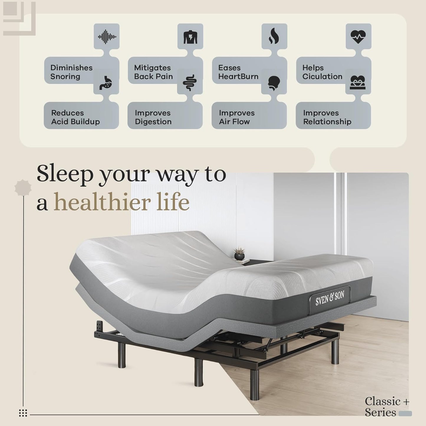 Sven & Son Classic plus (With Head-Tilt) Adjustable Bed Base (Frame) + 14 Inch Hybrid Spring Matt (Medium Soft), Head and Foot Lift, Massage, Under-Bed Lights, USB, Memory, Zero Gravity - Queen