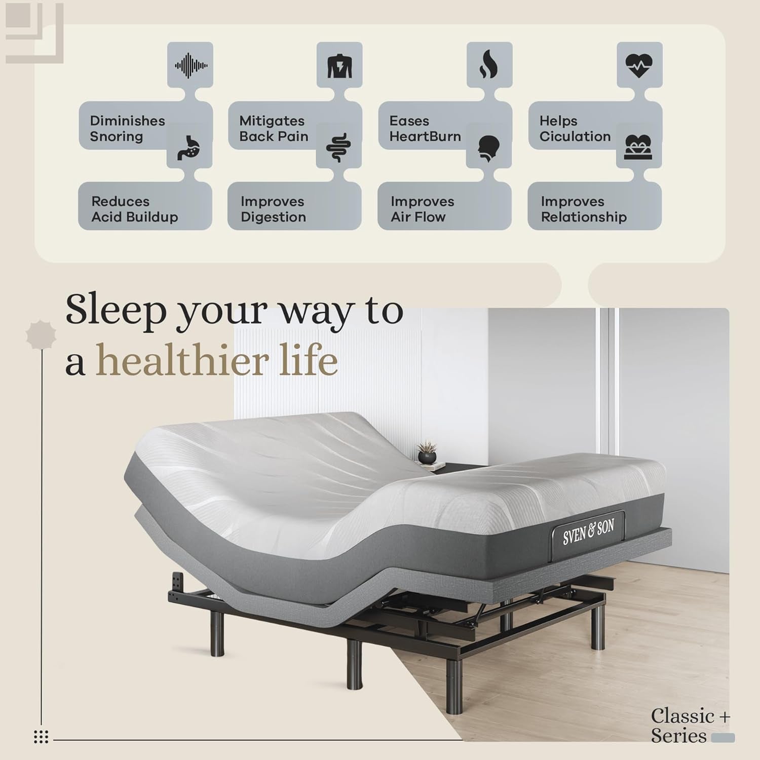 Sven & Son Classic plus (With Head-Tilt) Adjustable Bed Base (Frame) + 14 Inch Hybrid Spring Matt (Medium Soft), Head and Foot Lift, Massage, Under-Bed Lights, USB, Memory, Zero Gravity - Queen