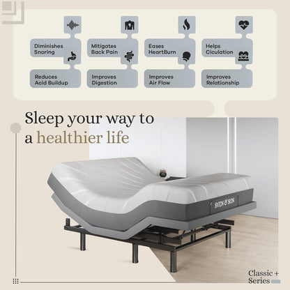 Sven & Son Classic plus (With Head-Tilt) Adjustable Bed Base (Frame) + 14 Inch Hybrid Spring Matt (Medium Soft), Head and Foot Lift, Massage, Under-Bed Lights, USB, Memory, Zero Gravity - Queen